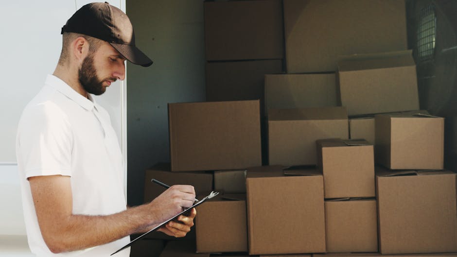 A man with a beard, wearing a black cap and a white shirt, standing inside a property next to a stack of cardboard boxes used for packing and moving. The boxes are arranged on a surface, some stacked higher than others, and are secured with brown packing tape. The man is holding a clipboard and pen, appearing to take notes or check inventory during a house removal or packing process. The environment suggests an indoor setting with natural lighting. This scene illustrates the packing and handling aspects of home relocation, as performed by Man with Van Earls Court, a professional removals service focused on furniture transport and moving logistics.